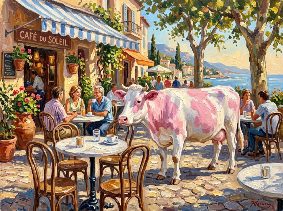 An oil painting of a white cow with cotton-candy pink spots sitting at a sunlit café terrace.