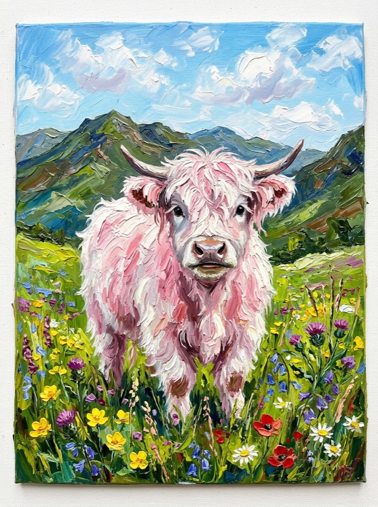 Oil painting portrait of a white highland cow with pink spots and a long fringe over its eyes