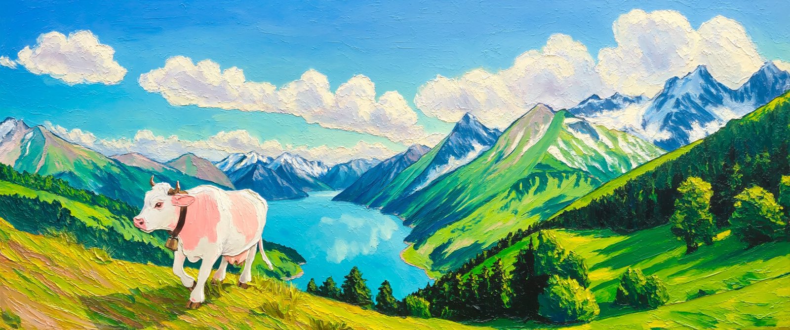 Wide oil painting of a green alpine valley with a herd of white cows with pink spots grazing above a lake