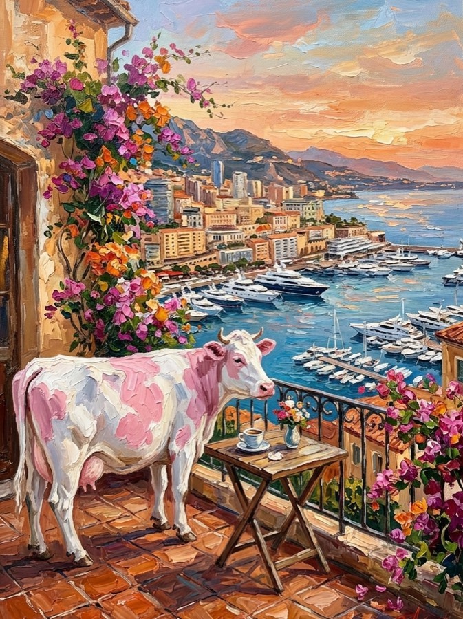Oil painting of a white cow with pink spots sitting at a coffee table on a harbour balcony above Monaco