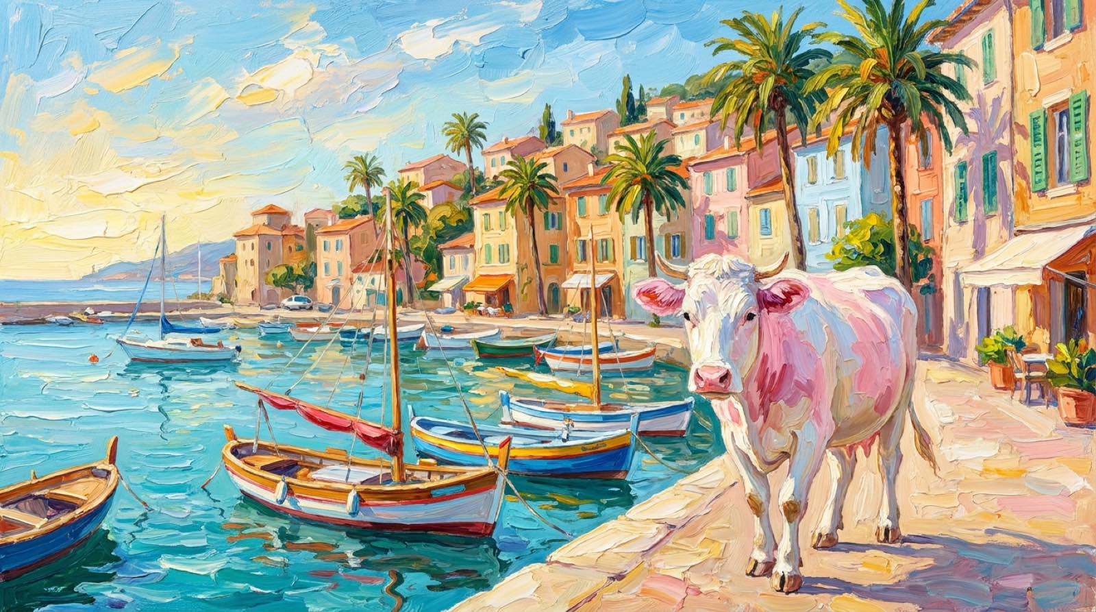 Oil painting of a white cow with pink patches strolling along a sunlit Riviera harbour, colourful boats and pastel houses behind her