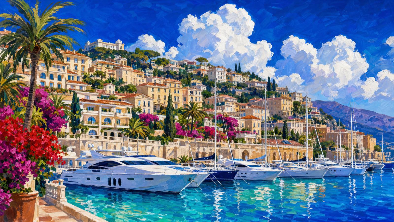 An oil painting of a riviera harbour: moored yachts, terracotta terraces climbing behind them, and open water beyond the mole.