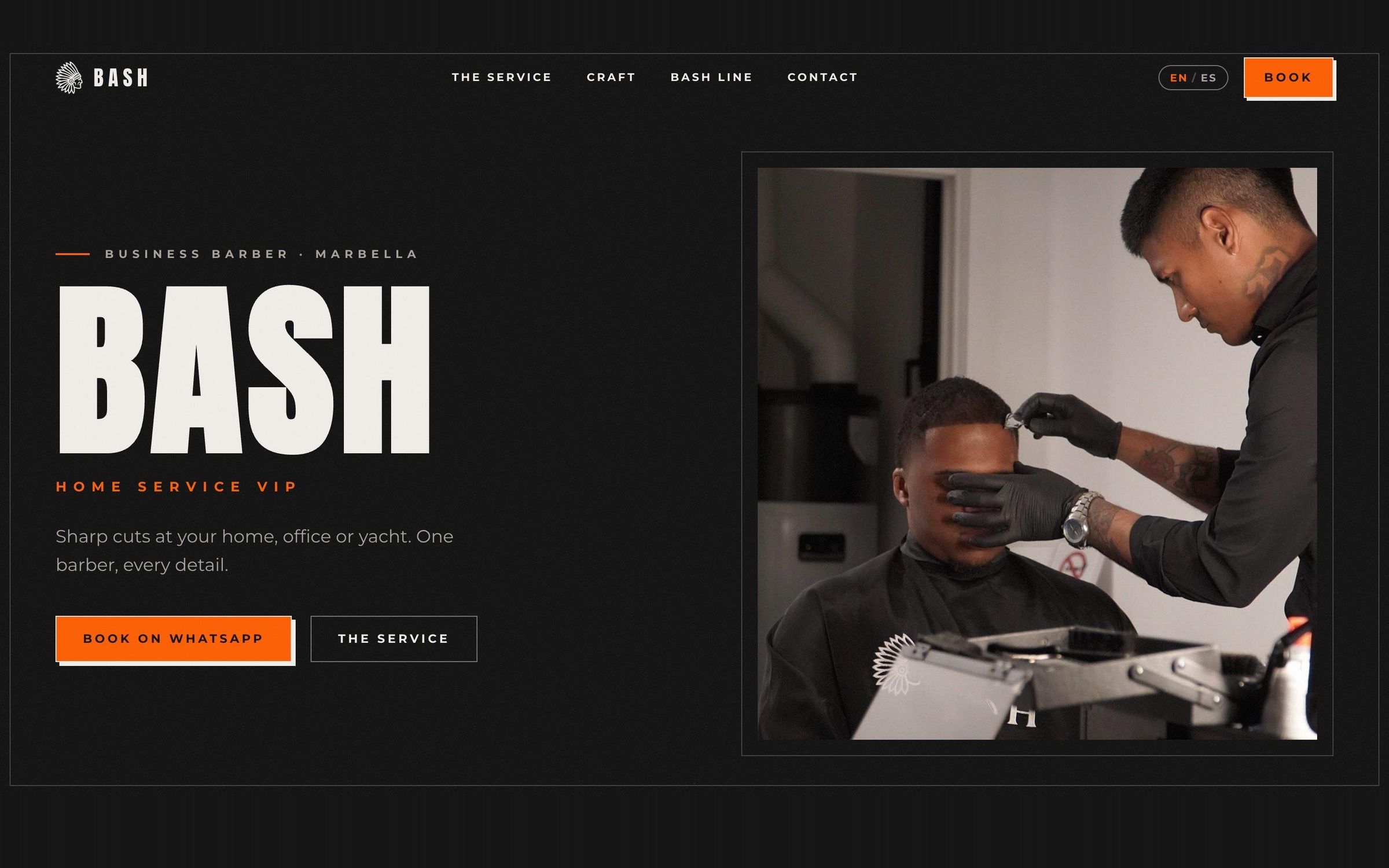 Screenshot of the Bash Barber website home page, showing the barbershop interior and the book-a-cut button